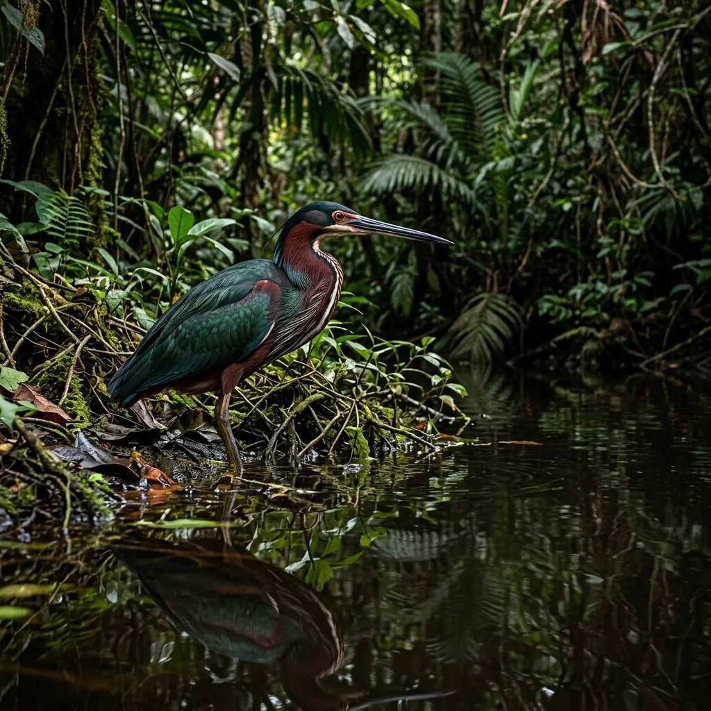 Agami Heron standing near dark water in the forest