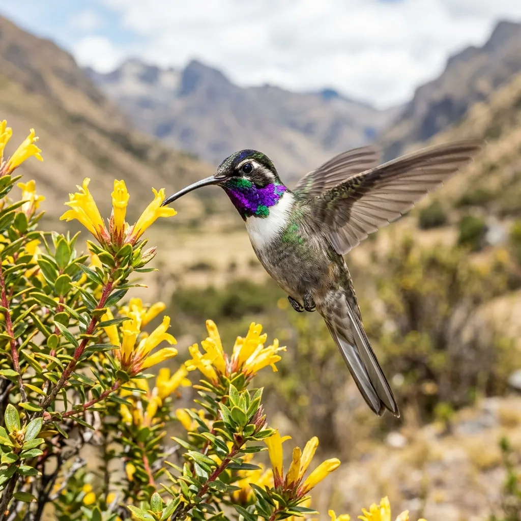 Bearded Mountaineer hummingbird hovering near yellow flowers