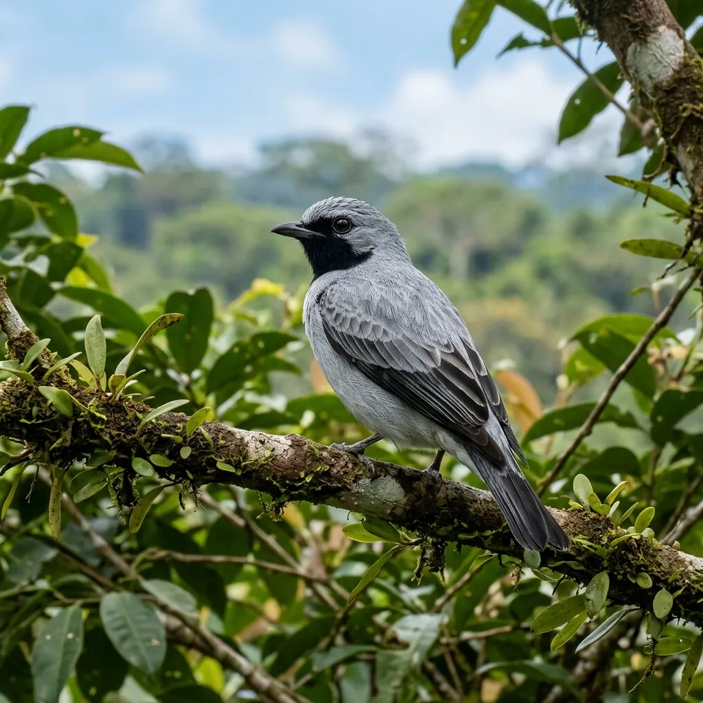 Grey canopy bird perched on forest foliage