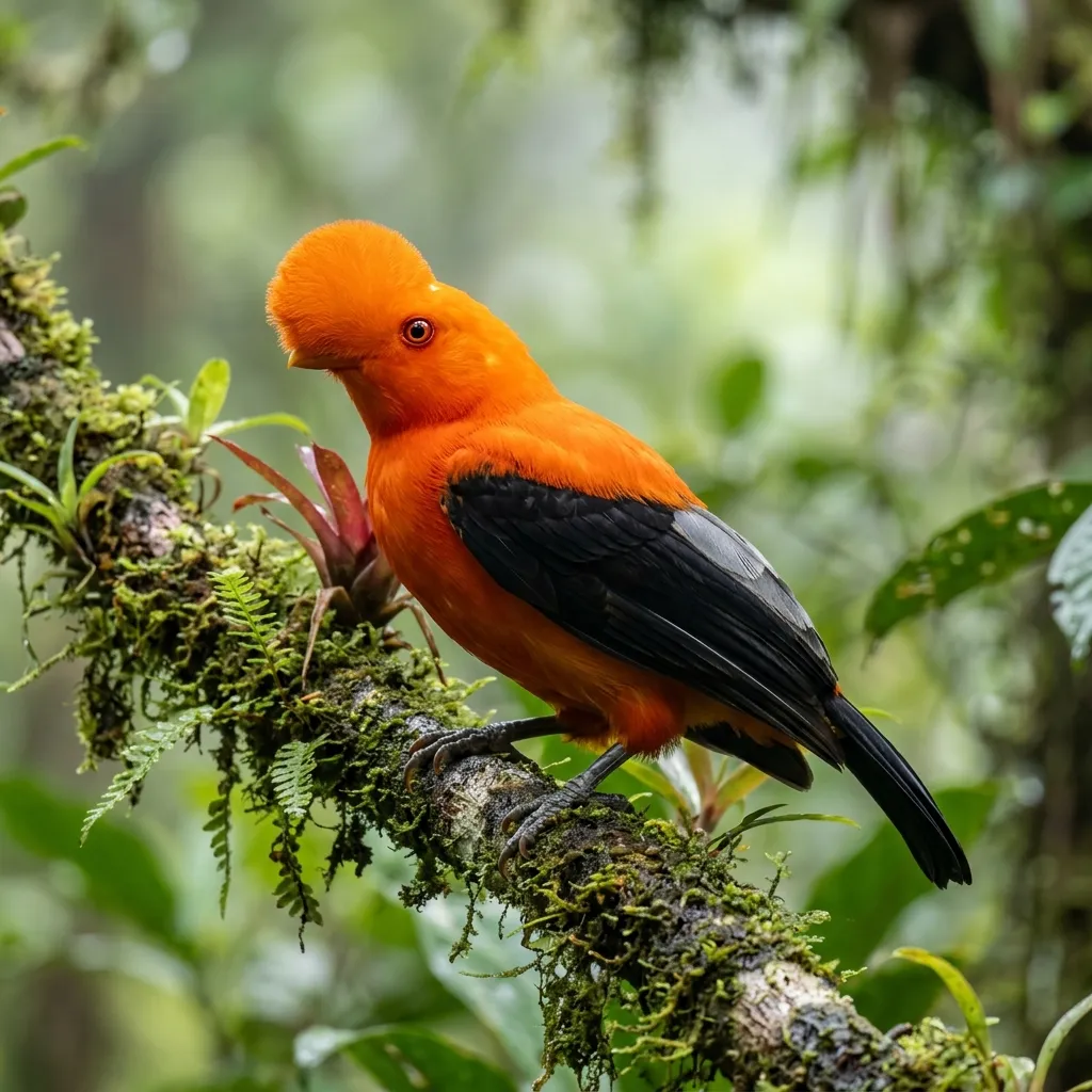 A bright orange Andean Cock-of-the-rock perched on a branch