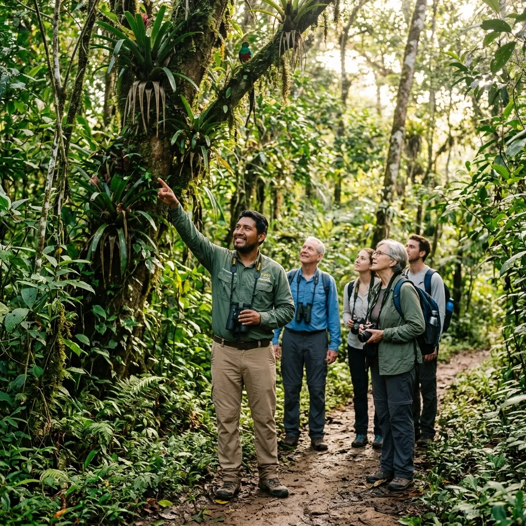 Nature conservationist guide teaching tourists about local ecology
