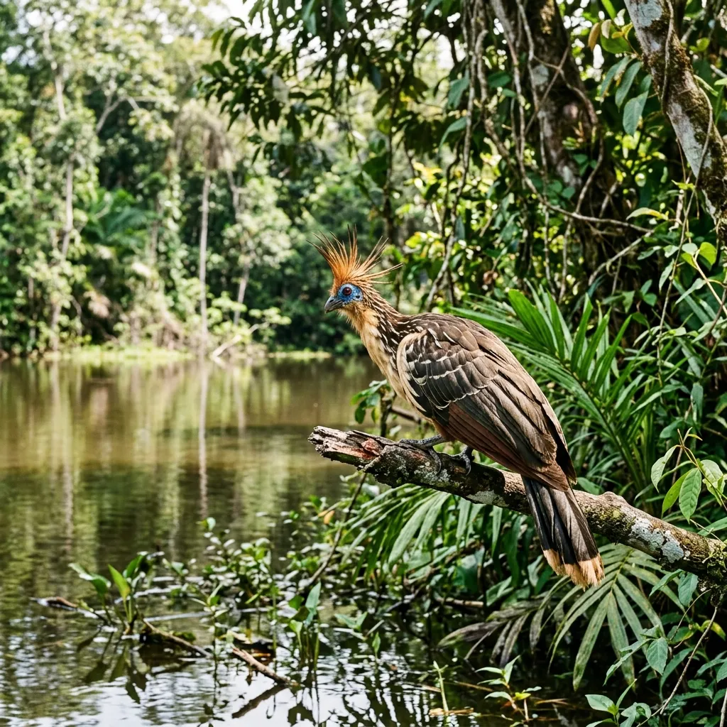 Prehistoric looking Hoatzin bird perched on a swamp branch