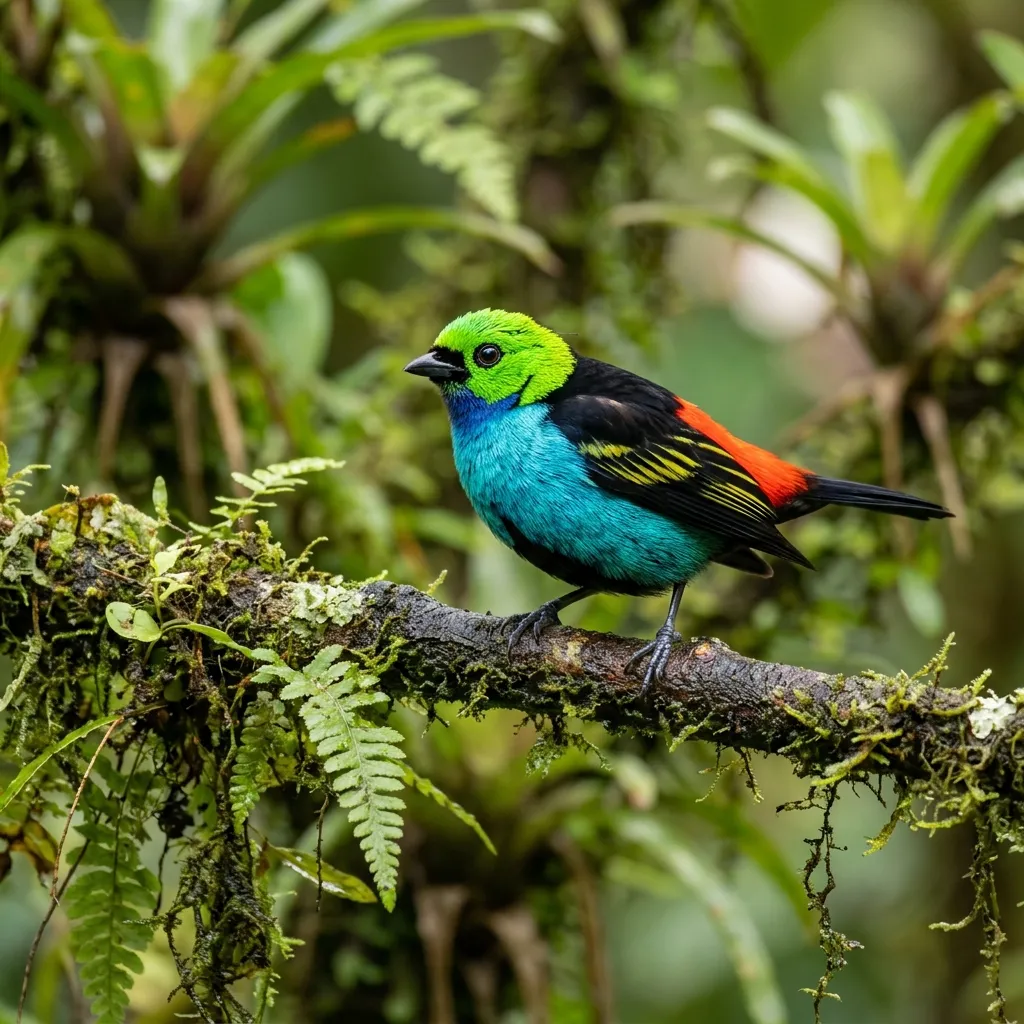 Vibrant colored tanager bird on a branch