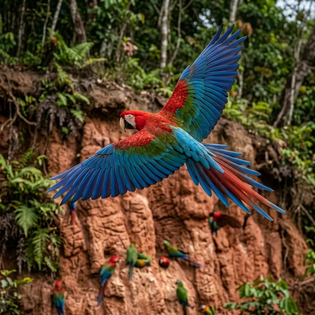 Red-and-green Macaw flying near a forest cliff