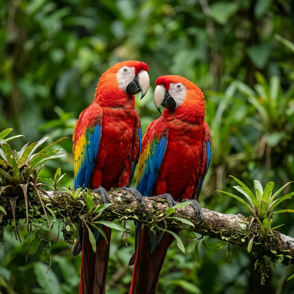 Beautiful scarlet macaws in flight in the rainforest