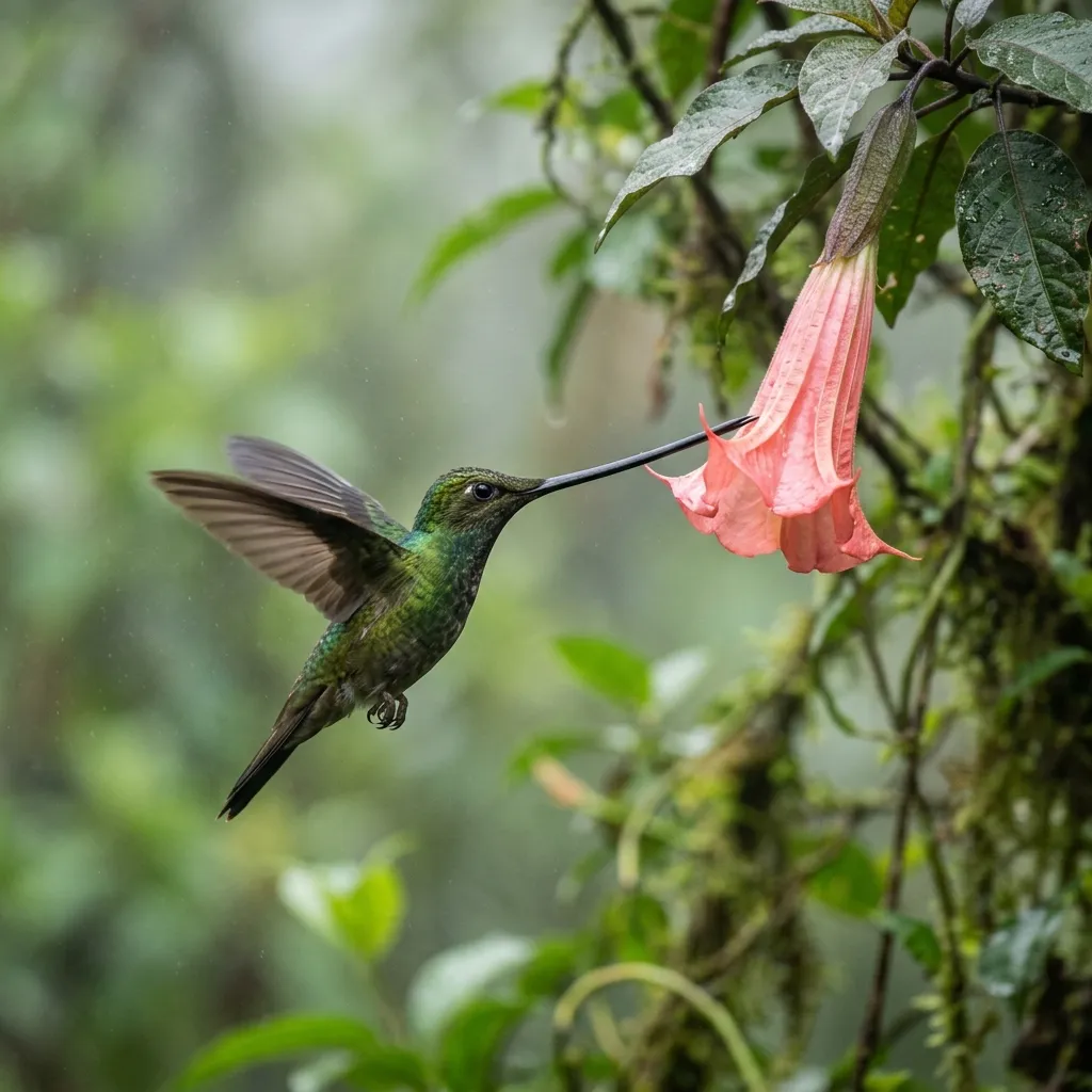 Vibrant green hummingbird hovering in mid-air